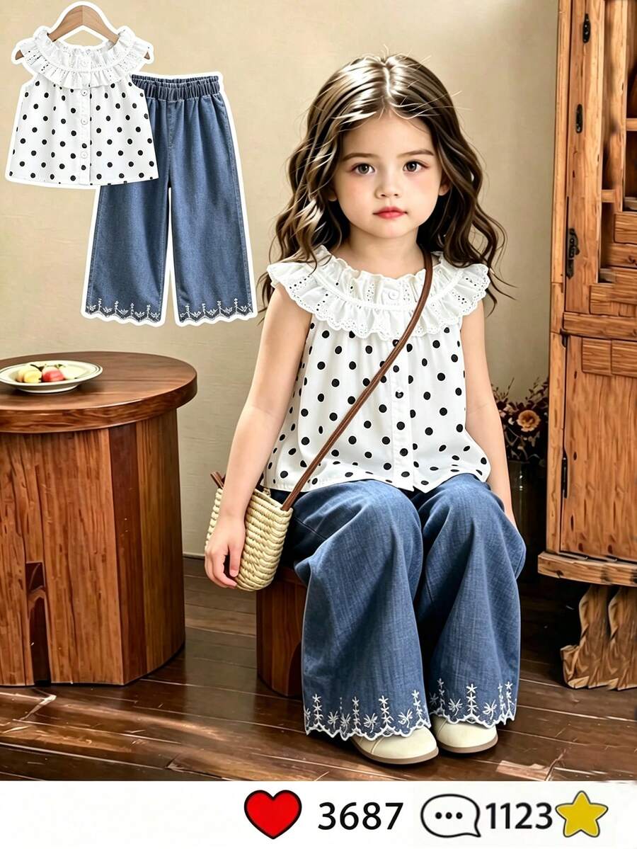 SHEIN Elladie kids 女童 2 件套套裝,甜美波點蕾絲荷葉領無袖鈕扣上衣 & 刺繡下擺牛仔寬腿褲套裝,夏季日常穿搭 - 白色 - 查看 1