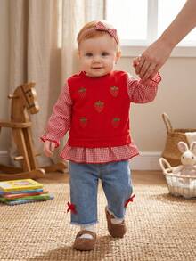SHEIN 嬰兒/幼兒（女童）甜美可愛時尚 3D 花卉裝飾條紋拼接長袖上衣與牛仔褲 T-shirt 套裝 - 紅色 - 查看 13