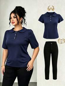 Elenzga Plus Size Women's Fashion Casual Lapel Pearl Button Short-Sleeve T-Shirt, Summer Outfit, Solid Color Navy Blue Top Bussines Office - Blue - View 3