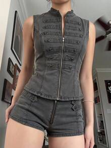 Opulessa Casual Solid Color Women's Zipper Front Vest Jacket - Grey - View 2