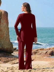 SHEIN Swim 大尺碼女款 2 件式長袖長褲布基尼泳衣 米色數位印花 度假派對夏季優雅風 - 酒紅色 - 查看 2