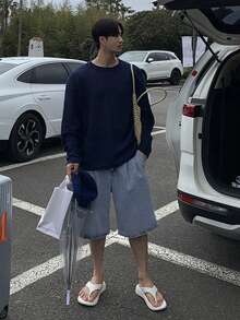 DAZY 夏季純色藍色男士牛仔短褲 - 藍色 - 查看 7