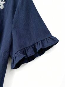 Linhara Plus Size Women Spring/Summer Casual Minimalist Pastoral Style Small V-Neck, Cotton Embroidered Fashion Ruffle Cuff Loose Fit Dress - Blue - View 6
