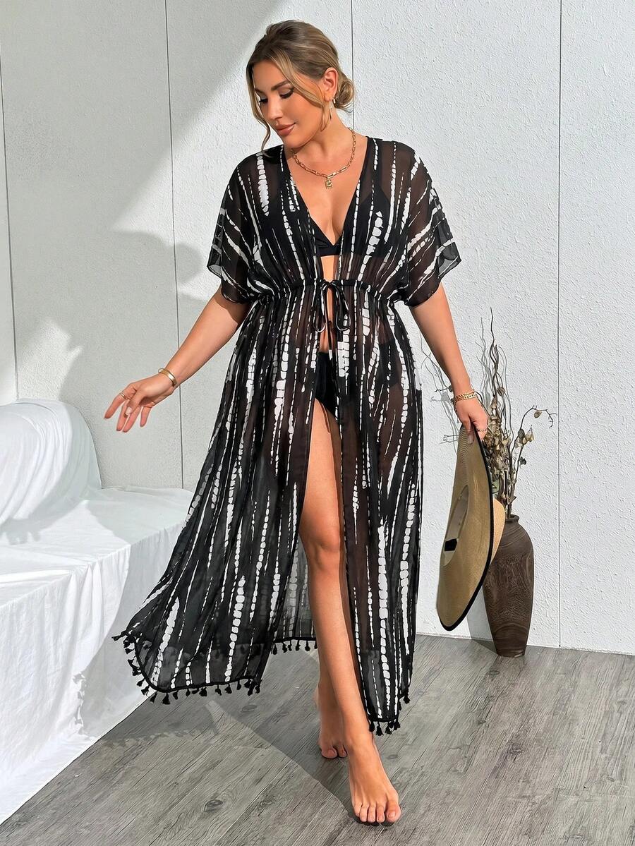 SHEIN Swim 夏季海灘度假流蘇裝飾大尺碼女款紮染和服式開襟衫 - 黑與白 - 查看 1