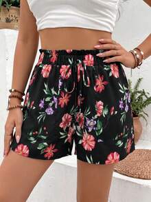 Breezaya Women's Elegant Casual Floral Ruffle Waist Shorts - Black - View 7