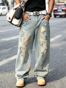 Manfinity EMRG Men's American Street Style Street Wear Paint Splatter Distressed Denim Jeans For Daily Wear Rave Light Blue Autumn - Multicolor - View 3