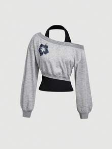 SHEIN MOD 女款時尚花卉印花假兩件式不對稱領口掛脖衛衣 - 彩色 - 查看 2