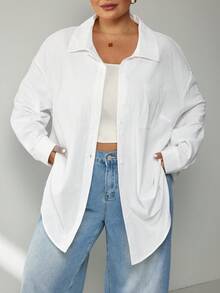 SHEIN CURVE+ 大尺碼女款純棉休閒傳統優雅白色襯衫，秋季上衣，教師節早午餐辦公室度假正式場合俱樂部秋季教師穿搭 - 白色 - 查看 8
