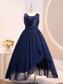 Tween Girls All-Season Graduation Wedding Flower Girl Elegant Ball Gown Dress, Navy Blue Chiffon Hem Mid-Waist Pleated Top Sequin Round Neck Tank Top Evening Dress For Big Girls, Back To School Fashion Puff Princess Dress - Navy Blue - View 3