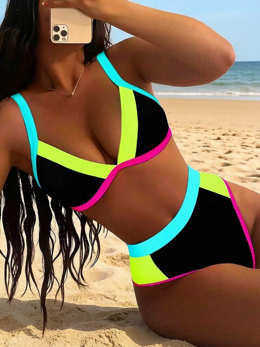 Swim Lushoire 女款拼色拼接泳衣套裝 海灘黑色夏季性感 - 彩色 - 查看 1