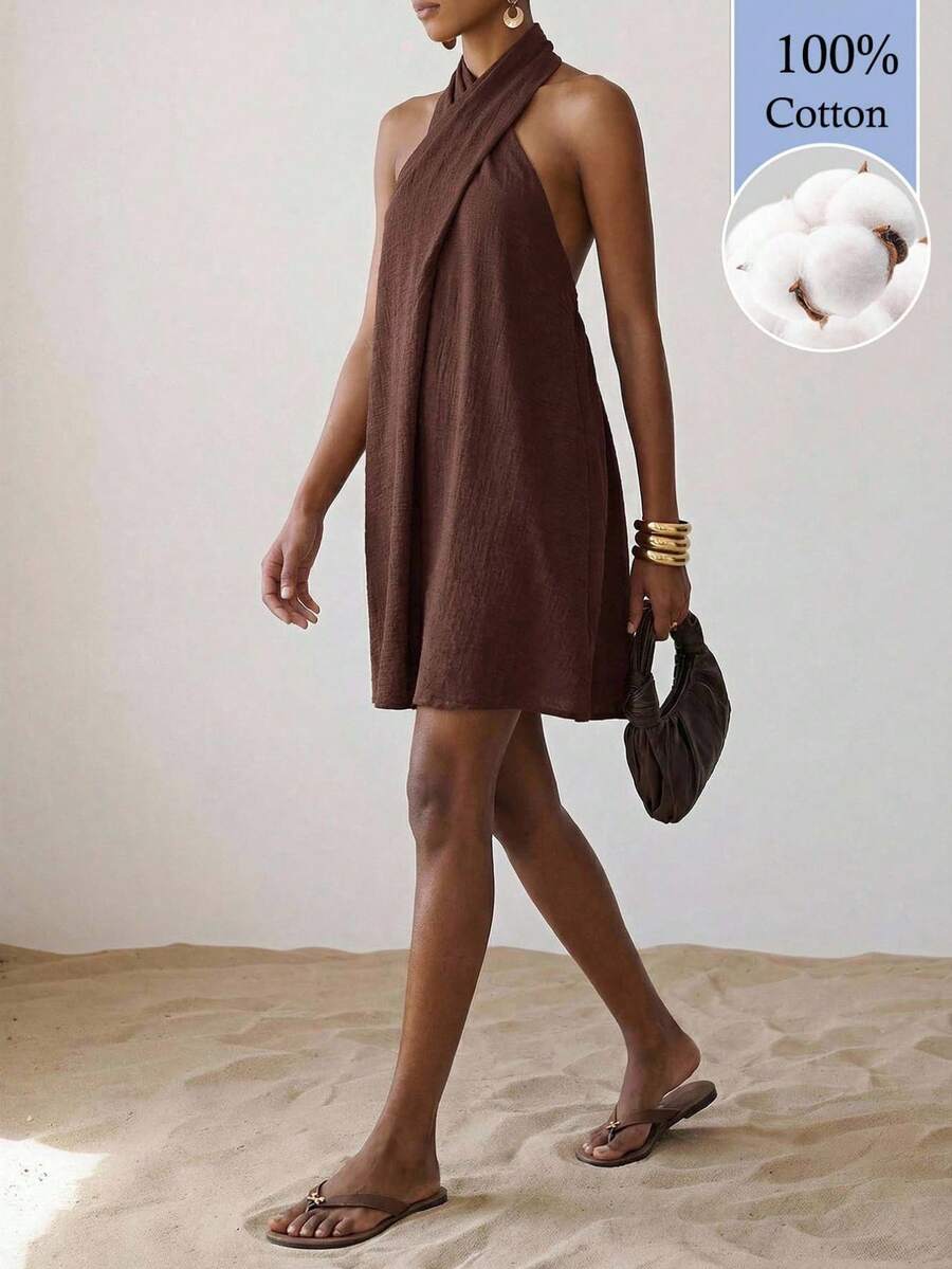 Zivah Women's Solid Color Casual Daily Summer Mini Halter Neck Dress Beach Vacation Dark Brown - Brown - View 1