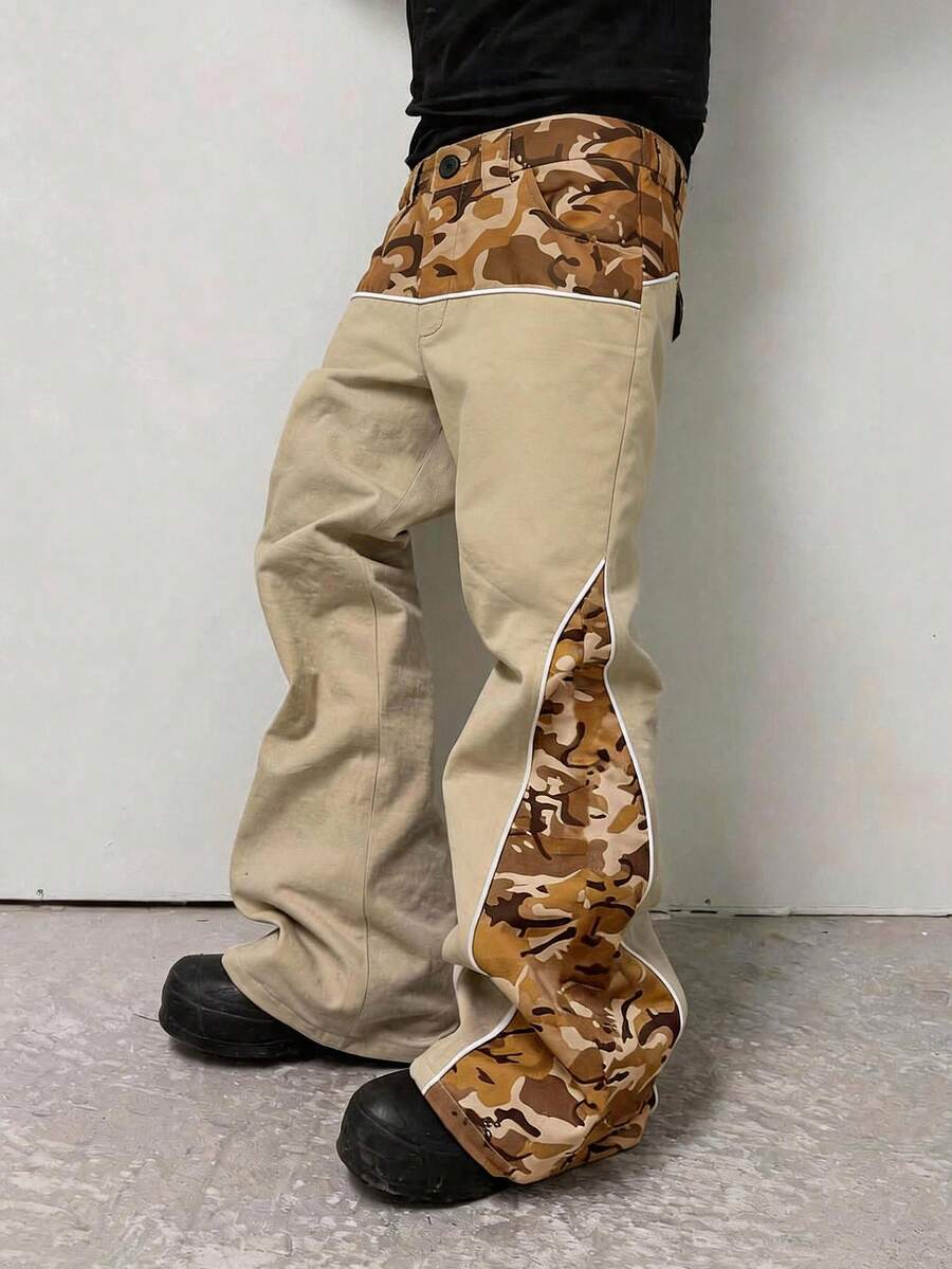 Manfinity Roghcode Style de rue jeune pour hommes, article multifonctionnel INS : pantalon long pour hommes avec design de motif camouflage patchwork divisé, convient pour le port de rue, le quotidien décontracté, les sorties du week-end, les festivals de musique, les fêtes et autres occasions sociales pour les jeunes. Ce pantalon est un article polyvalent essentiel dans la garde-robe des hommes, ce qui en fait un cadeau parfait pour un petit ami ou un mari. - Kaki - Voir 1