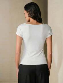 Anewsta 夏季新款白色針織拼接網紗露肩扭結優雅女款上衣 T-shirt，女款海灘穿搭，白色上衣 - 白色 - 查看 2