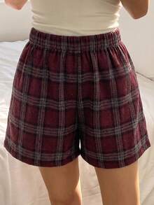 DAZY Loose Plaid Short Pajama Pants, Women Summer Sleepwear Bottom - Burgundy - View 3