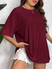 Shapeblank Plus Embroidery Letter Pattern Drop Shoulder Tee Plus Size T Shirt Girls - Burgundy - View 3