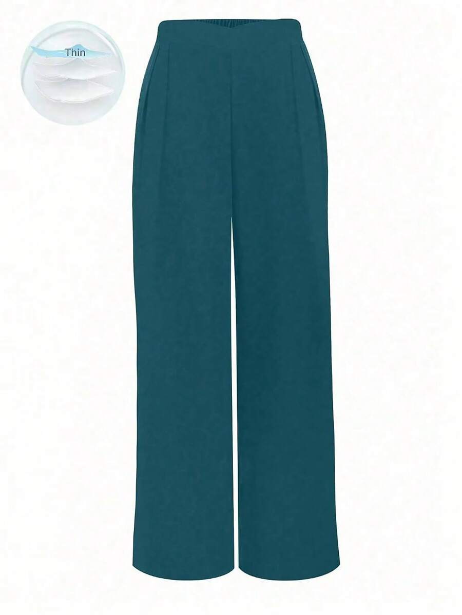 SHEIN Tall Quần ống đứng ống rộng cạp chun thường ngày cho nữ cỡ lớn - Màu xanh ngọc - Xem 1