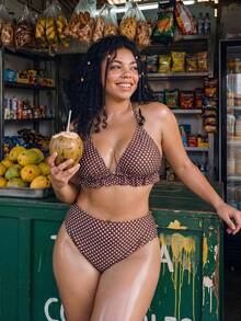 Swim Vcay Plus Size Women's Sexy Tropical 1960s Brown With White Polka Dot Tie Bikini Two Pieces Swimwear Set Beach Party Summer Beach Vacation Summer - Brown - View 10