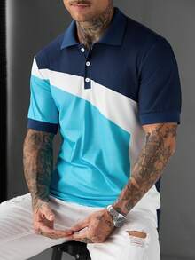Manfinity Mode Men's Diagonal Colorblock Patchwork Polo Shirt, Summer Collared Polo Shirt - Multicolor - View 6