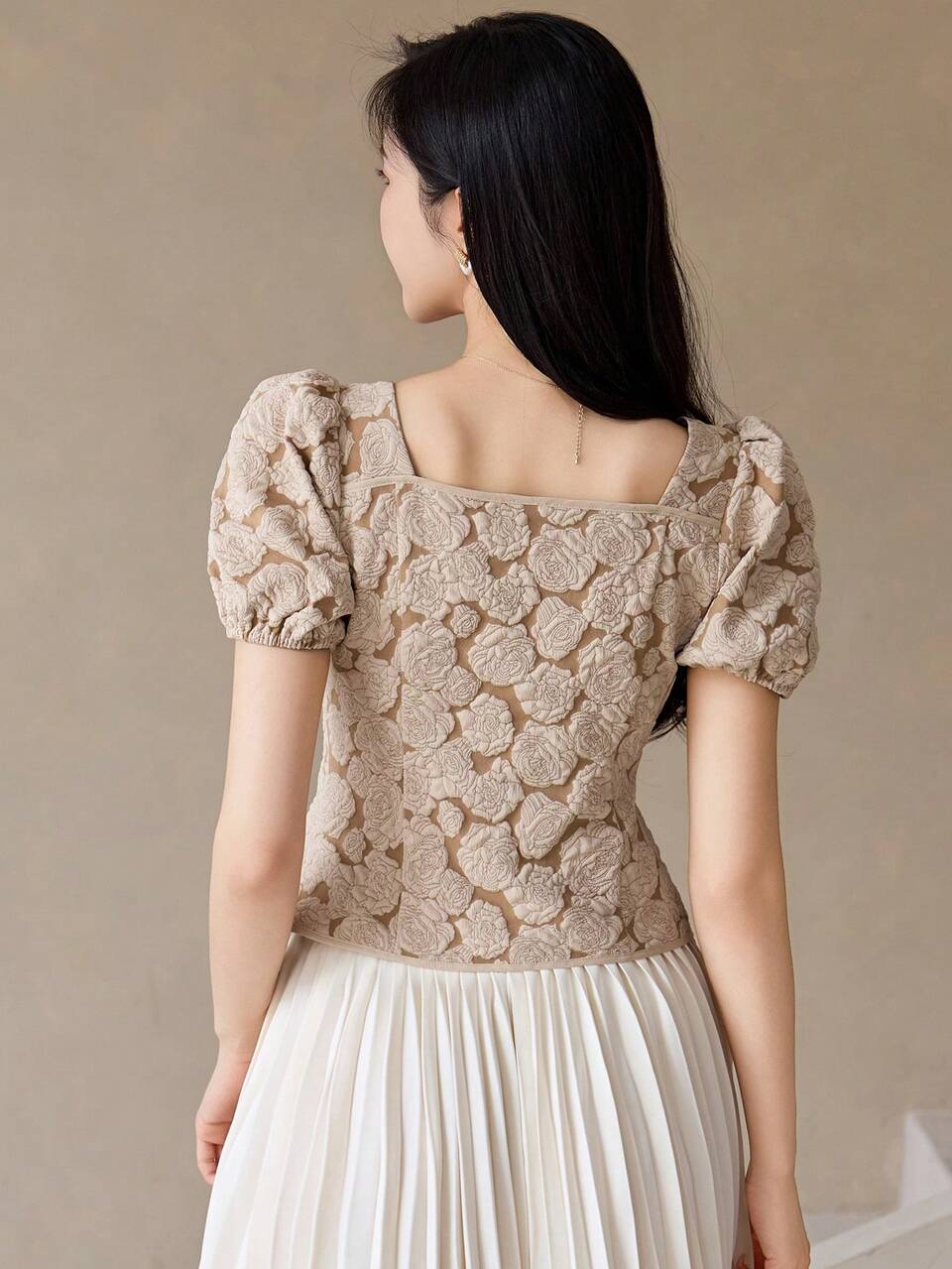 Women's Jacquard Square Neck Short Petal Sleeve Elegant Romantic Blouse Summer Wedding Brunch Beige