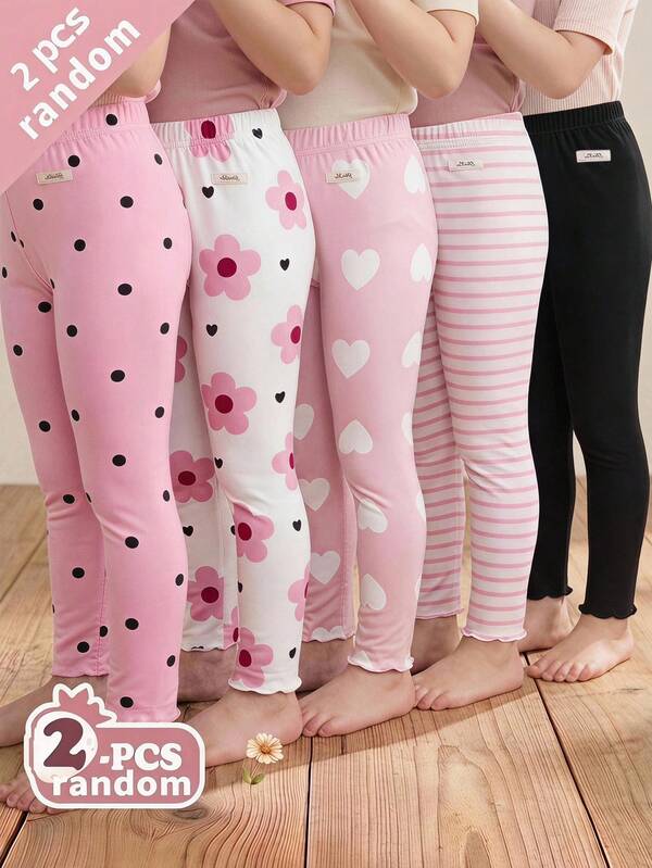 Souflis Souflis [2 piezas enviadas al azar] 5 piezas enviadas al azar 2 piezas de leggings de punto acanalado suave y cómodo para niñas, versátiles, con lunares, corazones, rayas y flores, estilo dulce y lindo, para primavera y las cuatro estaciones, conjunto de varias piezas