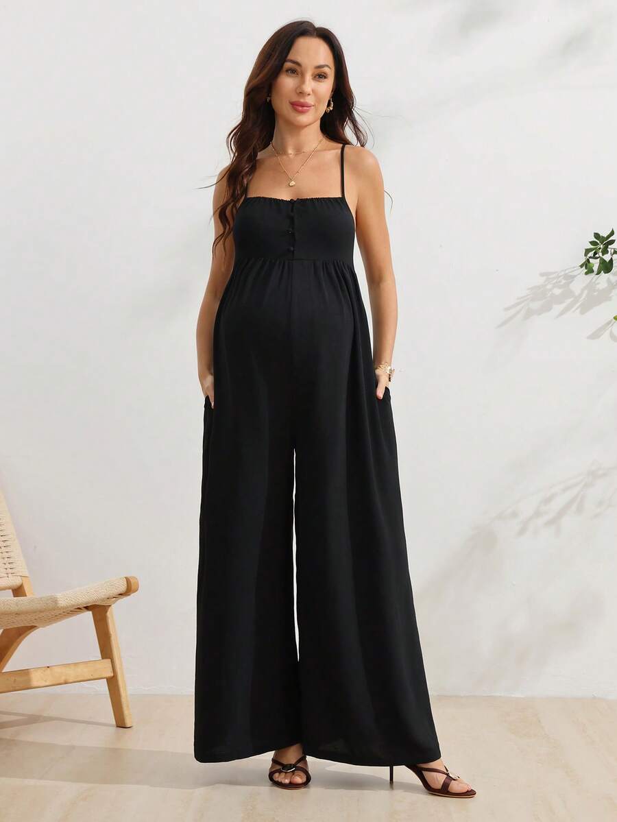 SHEIN 孕婦黑色細肩帶寬腿連身褲 正式拍照 夏日休閒 優雅浪漫 外出穿搭 - 黑色 - 查看 1