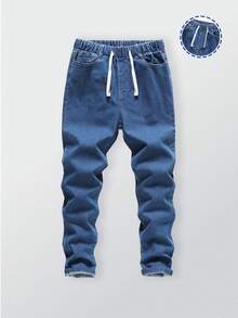 SHEIN Mirajuku 青少年男童弹力腰抽绳百搭简约休闲舒适修身浅灰色牛仔裤，适合秋冬季学校、校园、学院风穿着。 - 深色水洗藍 - 查看 3