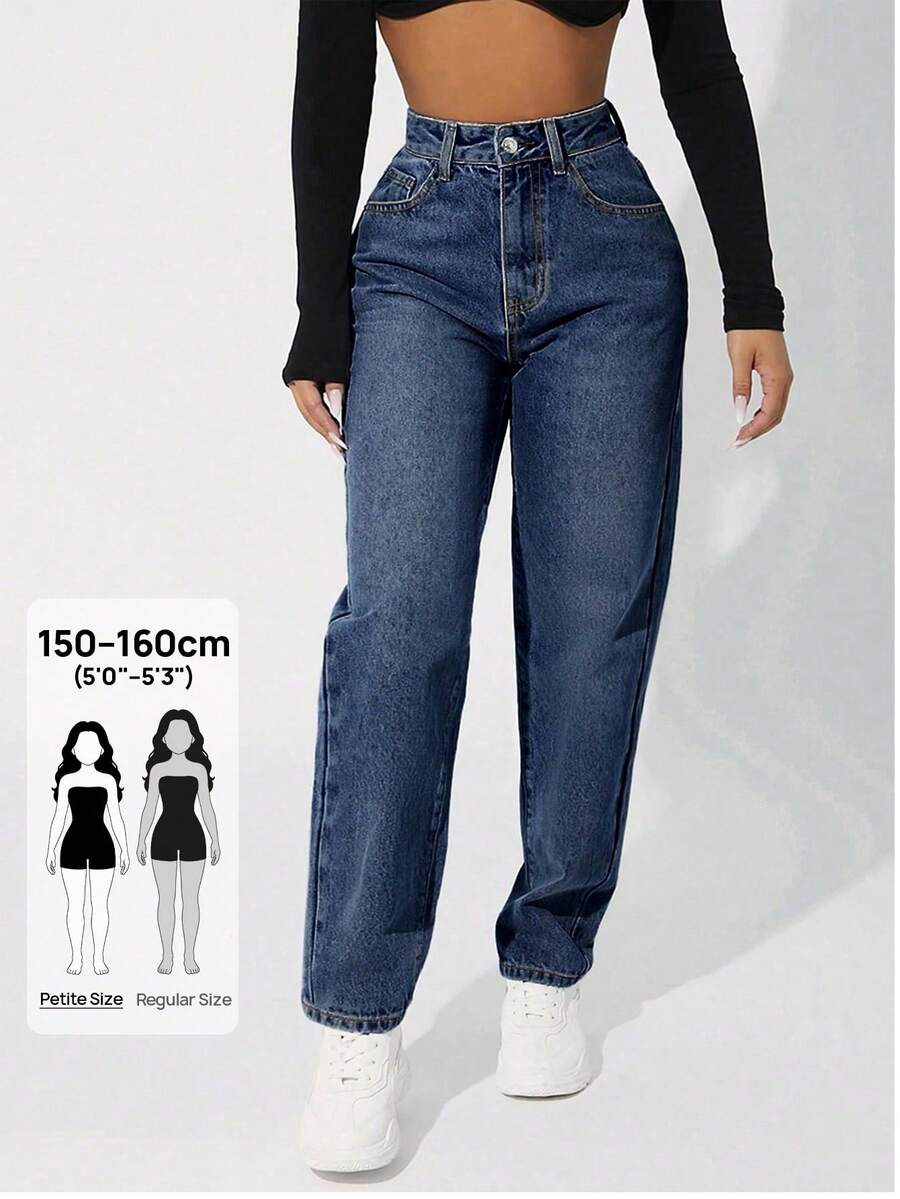 SHEIN PETITE High Waist Fashionable Retro Versatile Casual Daily Simple Design Jeans ,Petite Women - Blue - View 1