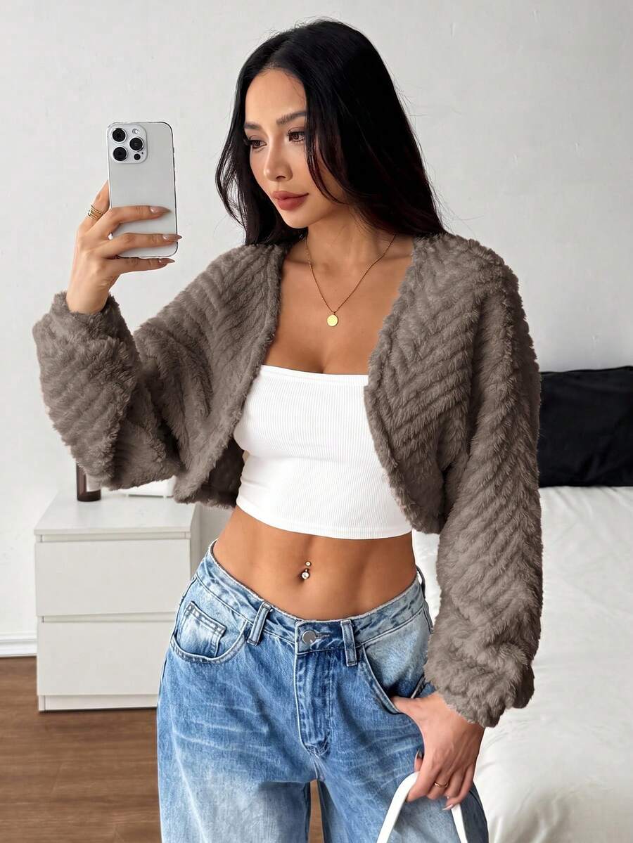 SHEIN PETITE 純色休閒秋冬女款長袖抓絨外套,小碼,可愛風格 - 棕色 - 查看 1
