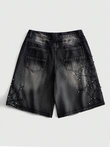 ROMWE MEN Men's Spider Web Pearl Rivet Loose Denim Shorts - Black - View 3