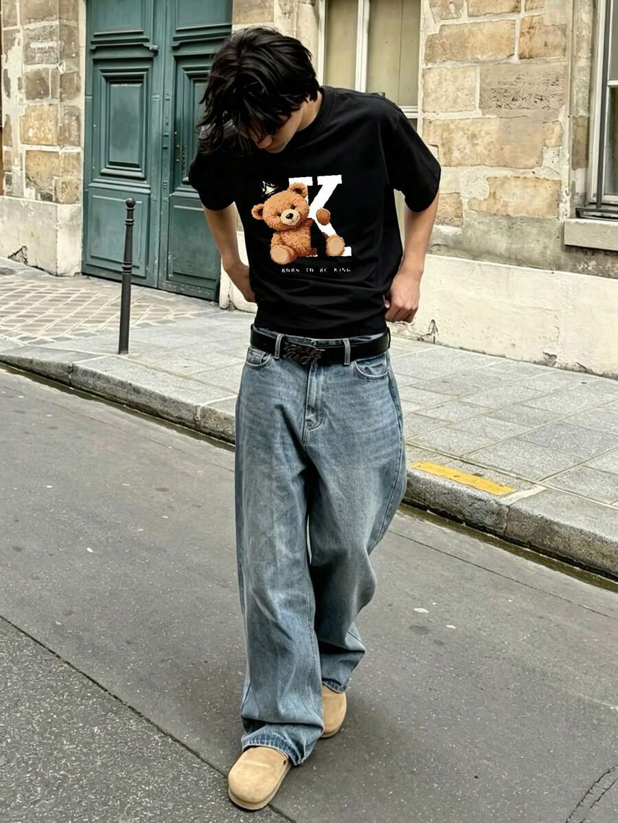 Manfinity Dauomo 男款圓領字母卡通圖案休閒百搭日常出遊短袖T恤 - 黑色 - 查看 1