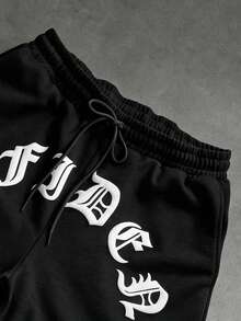 SLATEMANN Men's Letter Print Drawstring Waist Casual Loose Shorts - Black - View 3
