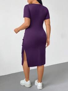 Shapeblank Plus Size Women's Dark Purple Short Sleeve Slit Slim Mid-Length Dress,Elastic Comfortable Autumn Smart Casual Night Out Club Basic Daily Versatile - Purple - View 2