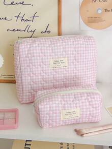 1pc Pink Plaid Quilted Cosmetic Bag – Large Capacity Travel Toiletry Organizer, Makeup Brush Storage Pouch For Vacation - Pink - View 9