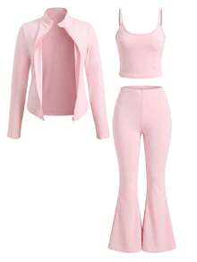 SHEIN Girlism 青少年女孩休閒長袖上衣與長褲三件套外套套裝，秋冬穿搭套裝 - 粉色 - 查看 9