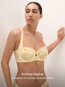 LUVLETTE Sujetador de lencería con bordado de margaritas, balconette transpirable sin forro, encaje floral amarillo transparente, minimizador de malla, ropa interior íntima - Amarillo - Ver 3