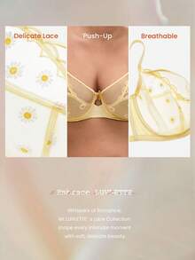LUVLETTE Plus Daisy Embroidered Elegance Lingerie Lounge Curve Full Coverage Breathable Unlined Floral Lace Yellow Sheer Minimizer Mesh Intimates Bra - Yellow - View 10