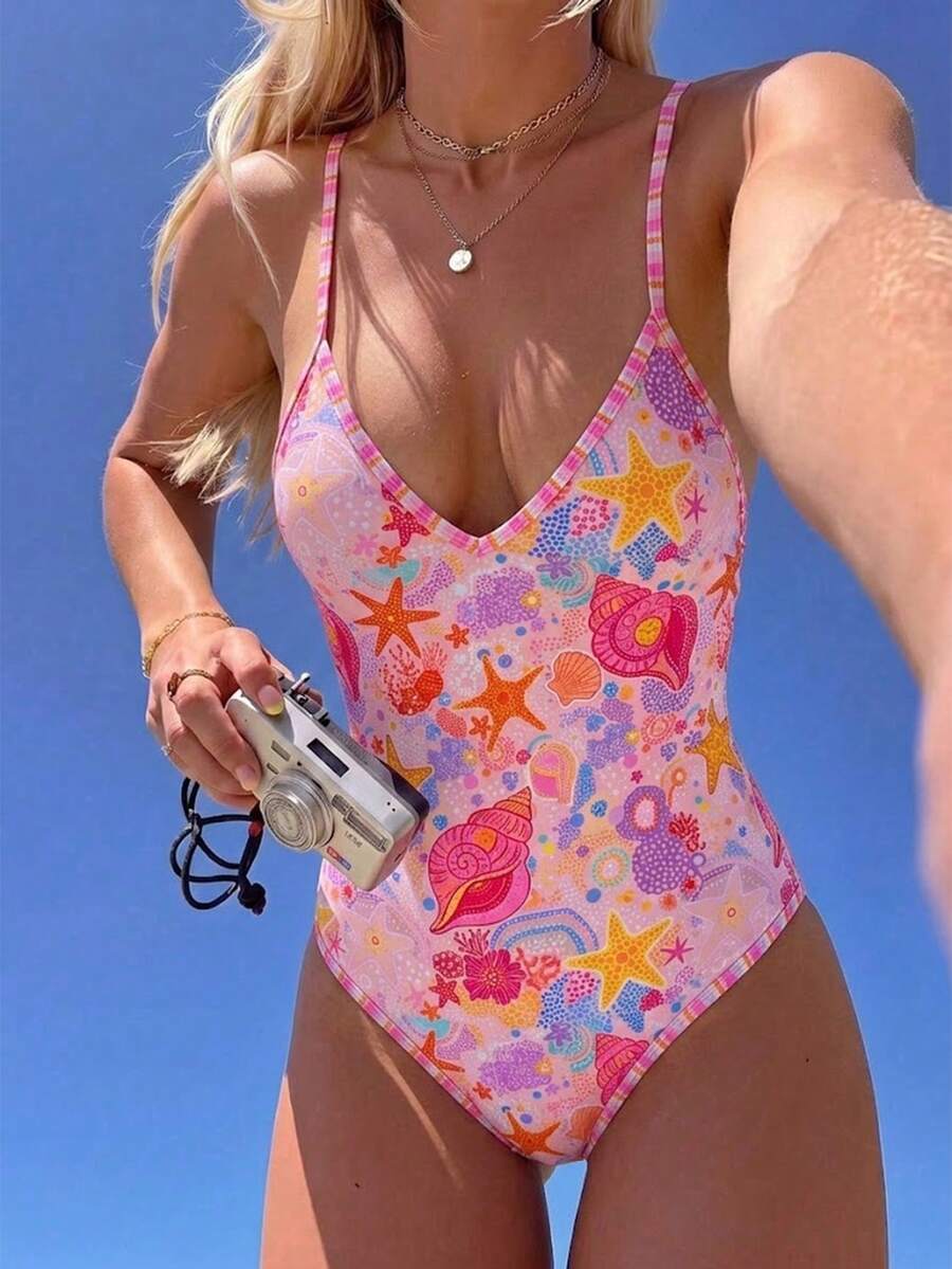 SHEIN Swim Women's Ocean Starfish Fresh High Saturation Dopamine Summer Energetic Print One-Piece Swimsuit Sports Surfing Suit Slimming Backless Vacation Pink - Pink - View 1