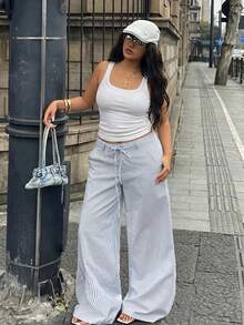 SHEIN PETITE CURVE 大尺碼女款休閒水手風度假日常通勤沙灘夏威夷配色條紋腰綁帶寬鬆寬腿長褲 黑白秋季 - 彩色 - 查看 10