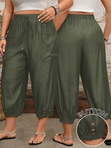 EMERY ROSE Casual Cuffed Pants With Drawstring Adjustable Waist And Side Patch Pockets, Plus Size Fall - Army Green - View 1