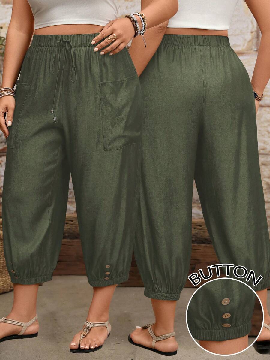 EMERY ROSE Casual Cuffed Pants With Drawstring Adjustable Waist And Side Patch Pockets, Plus Size Fall - Army Green - View 1