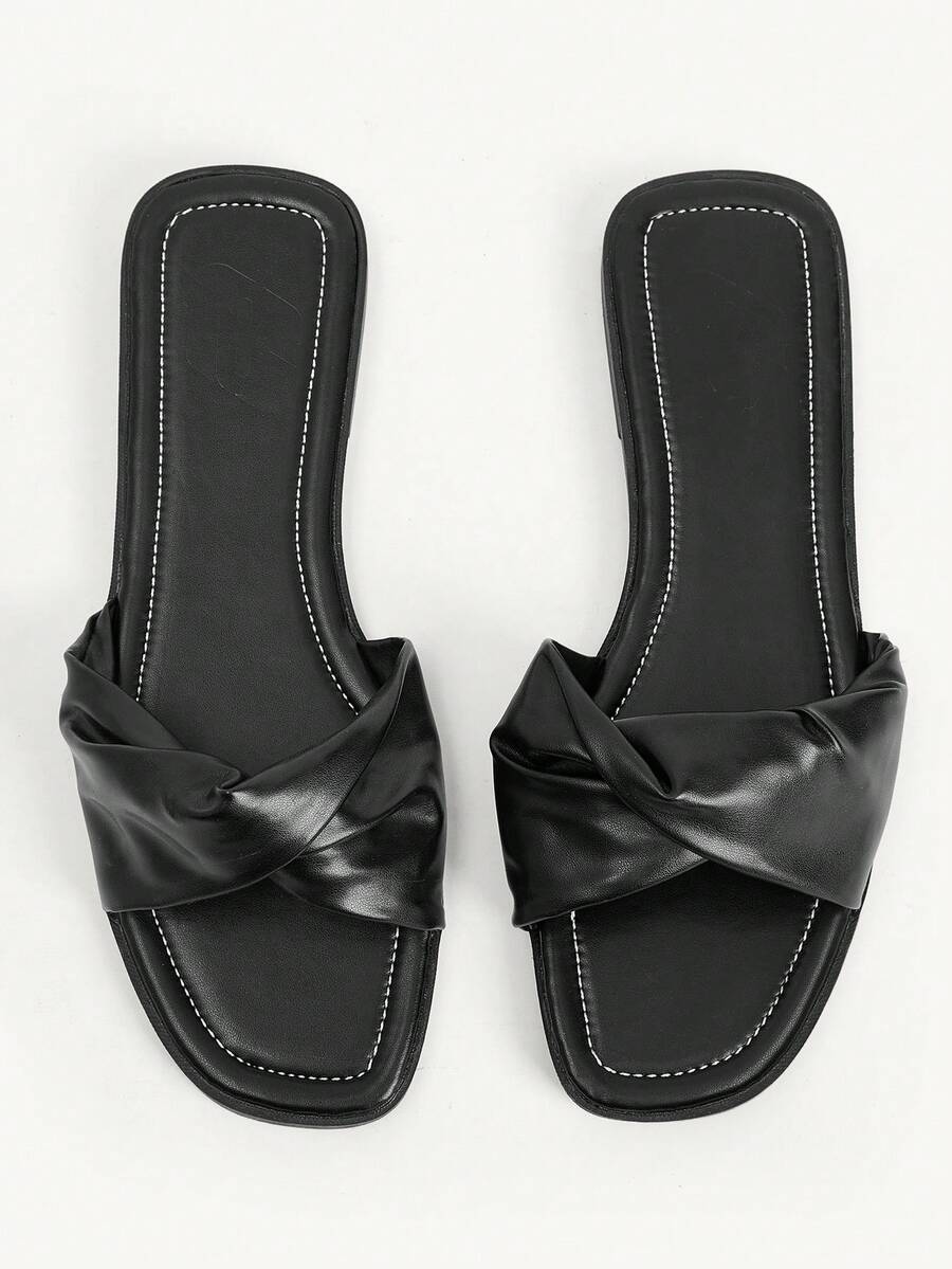 CUCCOO CHICEST Square Toe Kinked Slippers Women's Summer Wear Black Flat Bottom Drag Soft Leather Slouchy Beach Shoes - Black - View 1
