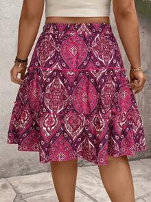 EMERY ROSE Holiday Frill Trim Women's Contrast Color Rope Multi-Function Casual Positioning Floral Plus Size Skirt - Multicolor - View 2