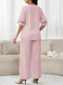 SHEIN Lady 女款夏季休閒對比色領襯衫與長褲兩件套 - 藕粉色 - 查看 2