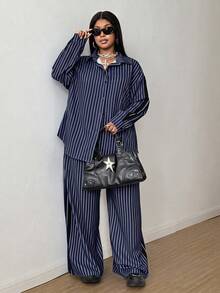 Maweii 秋冬條紋通勤簡約襯衫寬鬆休閒印花大尺碼女款兩件套褲裝 - 藏蓝色 - 查看 2