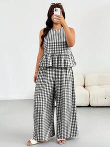 Shapeblank Plus Size Vacation Plaid Ruffle Hem Tank Top And Loose Long Pants 2 Pieces Set - Black - View 2