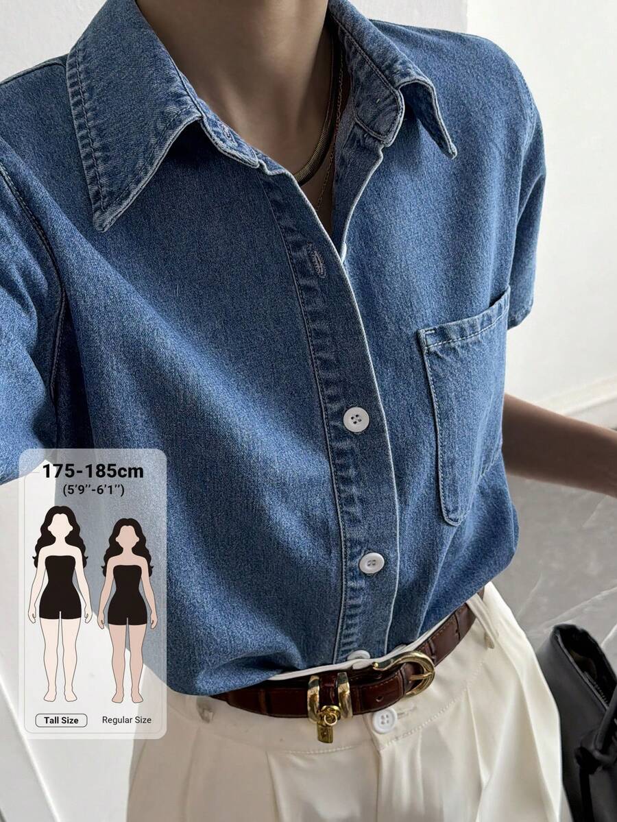 Livesso Tall 女款夏季翻領短袖鈕扣開襟寬鬆都市休閒牛仔襯衫 辦公室藍色 - 中等水洗藍 - 查看 1