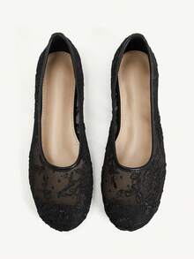CUCCOO CHICEST Branches And Leaves Embroidered Round Toe Flats, Gentle Style Mesh Yarn Low Vamp Shoes, Commuting Dating Breathable Women's Shoes - Black - View 1