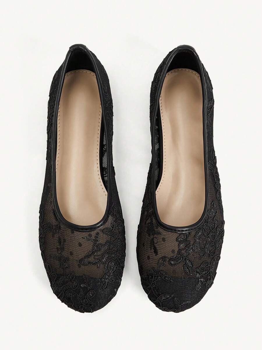 CUCCOO CHICEST Branches And Leaves Embroidered Round Toe Flats, Gentle Style Mesh Yarn Low Vamp Shoes, Commuting Dating Breathable Women's Shoes - Black - View 1
