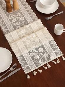 Floral Embroidered Tassel Decor Table Runner, Boho Lace Flower Design Table Runner For Dinner Table - Beige - View 1