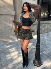 SHEIN PETITE 女款迷彩印花百褶牛仔迷你裙，腰部扣環設計，適合嬌小女性 - 彩色 - 查看 5